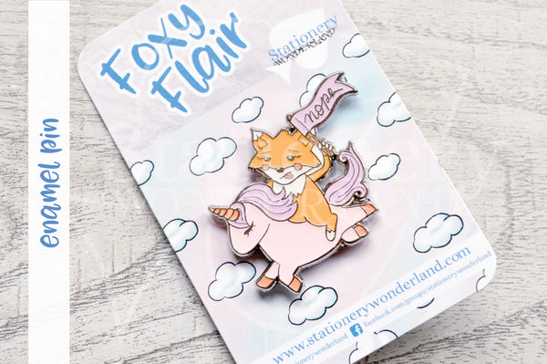 Foxy on her high unicorn enamel pin