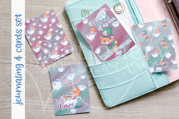 Foxy in Wonderland, Mad Hatter hand-drawn journaling cards for memory planners 3x4"