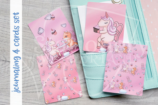 Unicorn tea time Foxy hand-drawn journaling cards for memory planners 3x4"